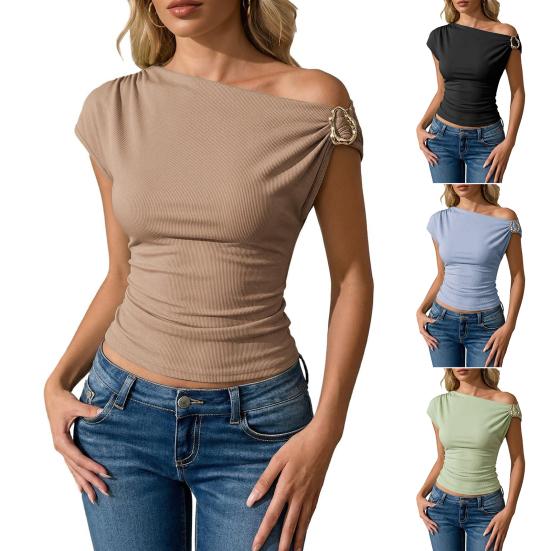 Damskie Topy Asymetryczny Dekolt Metalowa Klamra Krótki Rękaw Pulower Dopasowany Asymetryczny Opuszczony Ramię Koszulka z Złotym Metalowym Pierścieniem