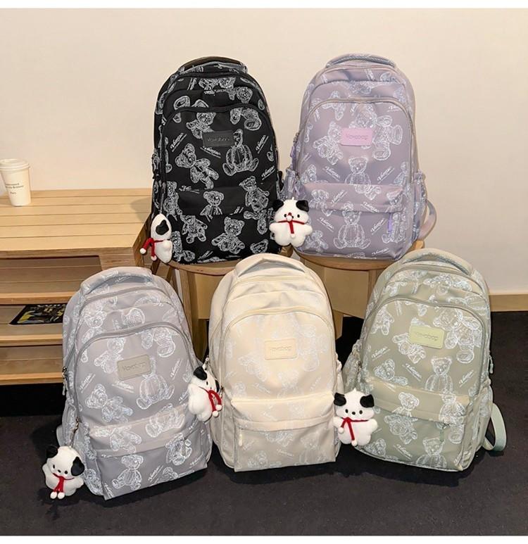Cartoon Print Cute Bear Unisex Laptop Backpack For College High School Students Waterproof Nylon Material