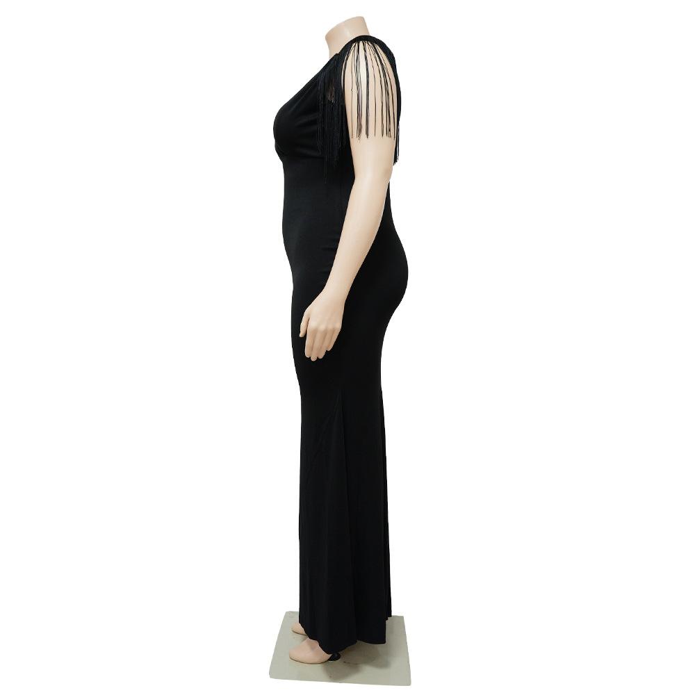 Plus Size Fringe V Neck Maxi Dress Long Sleeve Mermaid Gown Curvy Bodycon Fishtail Long Dress Sexy Tassel Shoulder Evening Party Formal Wedding Gown