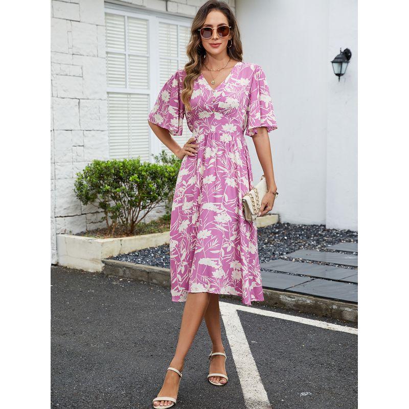 

Cross-Border Foreign Trade Women s Clothing 2025 Summer Rayon Printed V-neck Short Sleeve Waist-Controlled Dress Bohemia Beach Dress Purple M