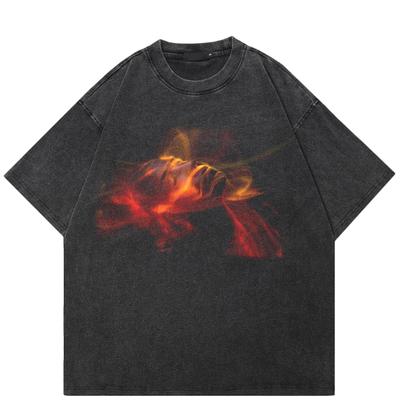 T-shirt streetwear con grafica Flame Face, in cotone lavato, nera, unisex, estiva, a maniche corte