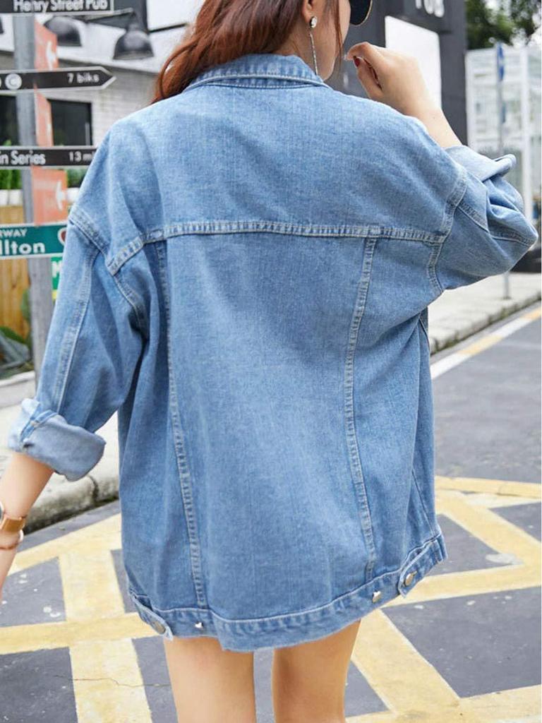Damen Retro Denimjacke mit Revers - Europäischer Stil, Lockere Passform, Langarm für Frühling & Herbst