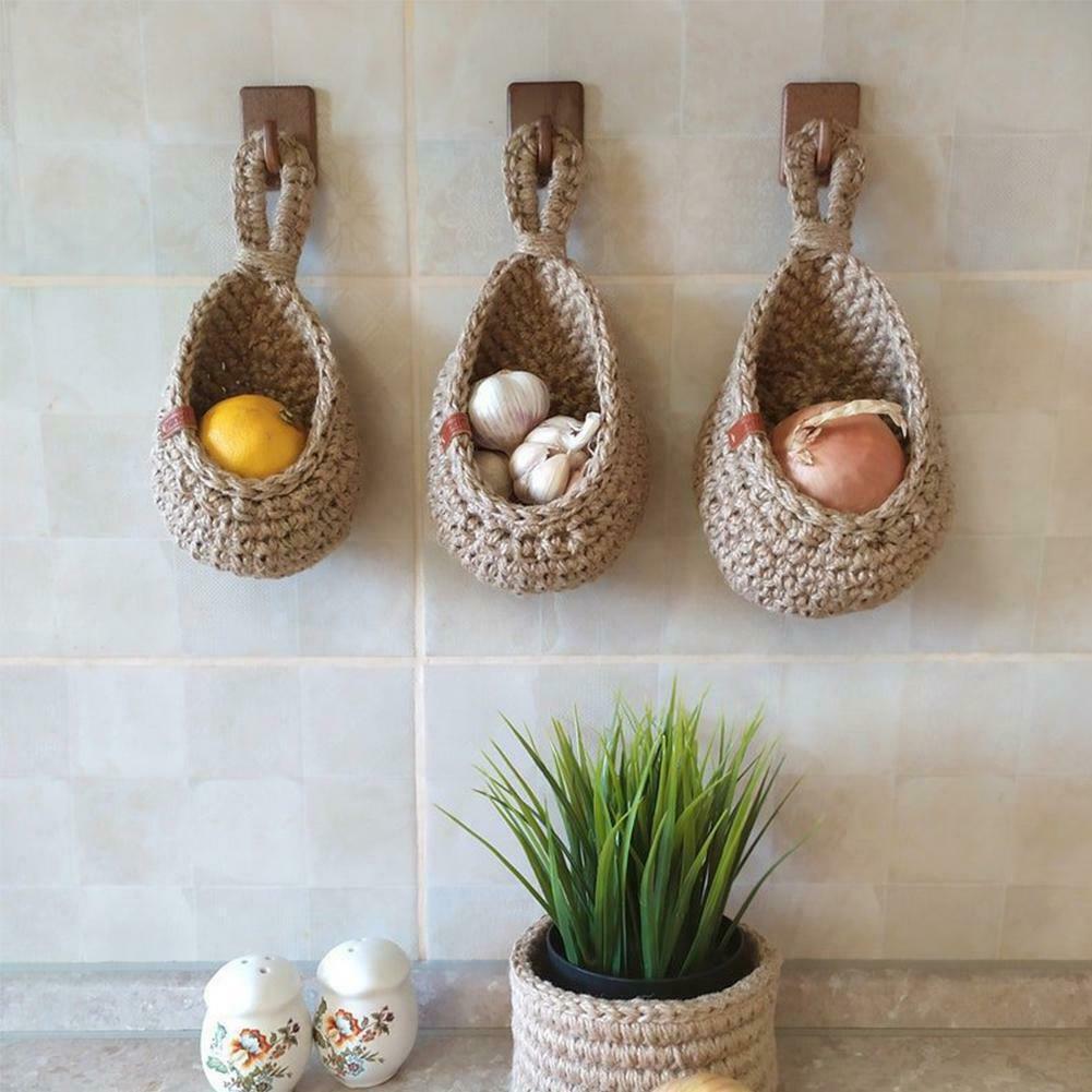 Kitchen Woven Basket Hanging Storage Baskets Cotton Rope