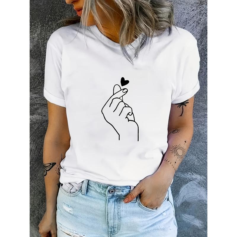 Womens Casual Tee Heart Gesture Graphic Print Round Neck Short Sleeve All Season Comfort Fit Top