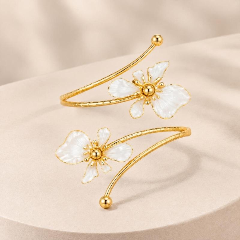 Openwork Upper Arm Cuff with Two Irregular Flowers, Intersecting Gold-Tone Bands, Rounded Ball Ends, and Clasp-Free Wear