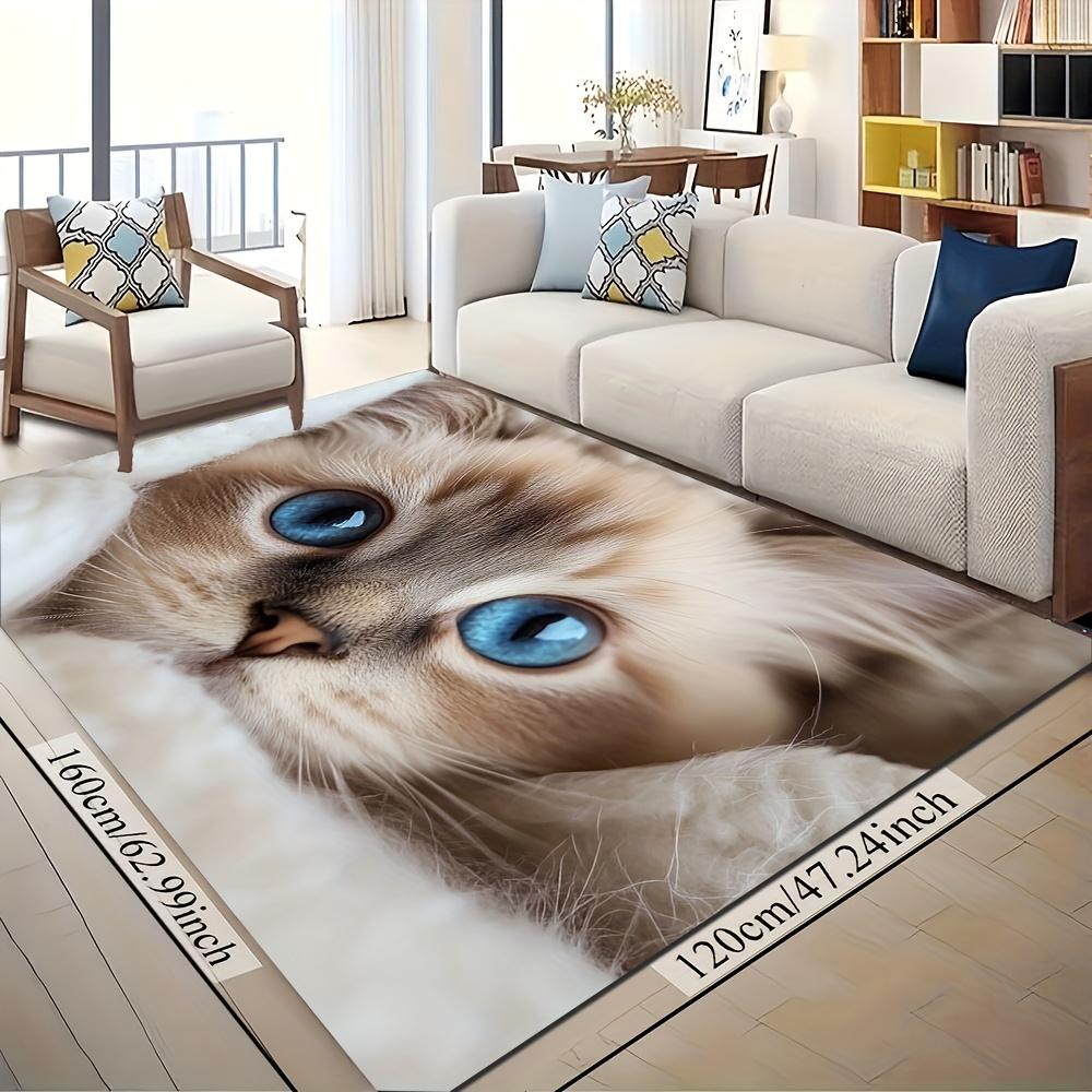 2D Flan Blue Eyed Cat Face Flannel Area Rug Non Slip Cozy Carpet for Living Room Bedroom Sofa Pet Lover Home Decor