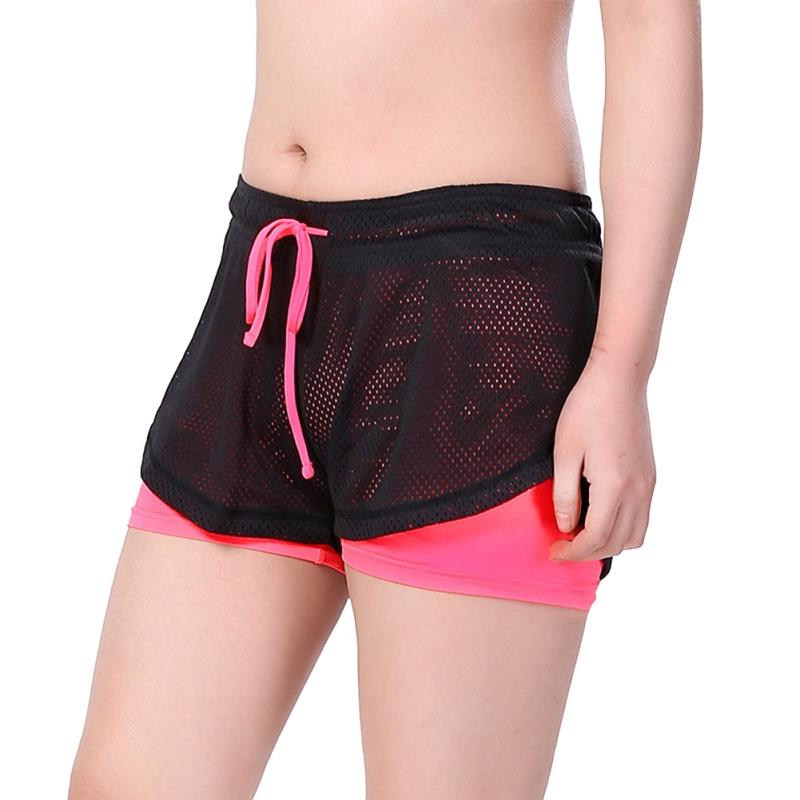 Casual Sports Shorts Fake Two Pieces Drawstring Mesh Double Layer Fitness Training Running Shorts