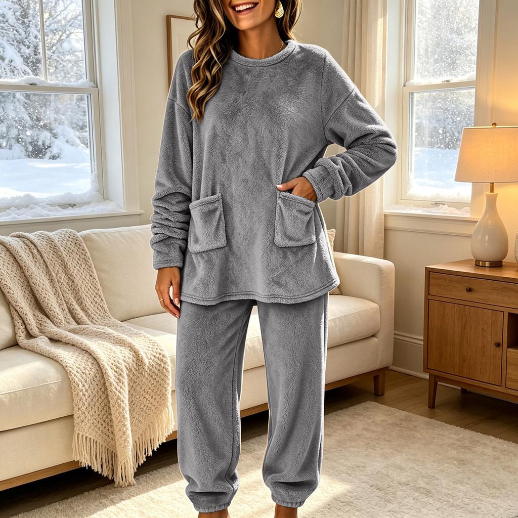 Women's Fashion Flannel Pajama Set Long Sleeve Top and Pants with Pockets Casual Warm 2 Piece Sleepwear