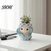 Cute Girl Planter for Indoor Plants Planter, Blue Hair Garland Head Decorative Plant Pot Bedroom Resin Succulents Cacti Creative Flower Container