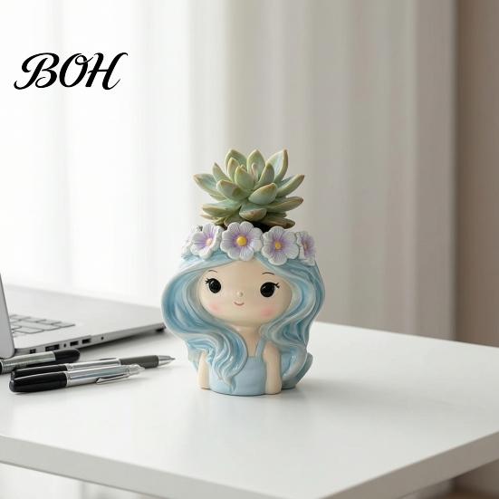 Cute Girl Planter for Indoor Plants Planter, Blue Hair Garland Head Decorative Plant Pot Bedroom Resin Succulents Cacti Creative Flower Container