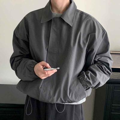 Spring Autumn Short Lapel Jacket Men's Casual Turn-down Collar Solid Color Pockets Drawstring Loose Men Loose Jacket