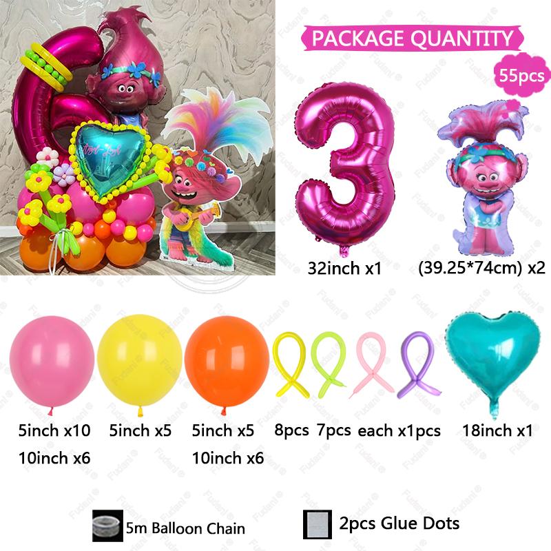 55pcs Troll Foil Helium Balloons Kit Birthday Magic Hair Theme Party Decorat Baby Shower Kids Toys Supplies Air Globlos Balloon