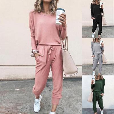 2 Pcs/Set Women Suit O Neck Solid Color Loose Simple Pants Suit for Daily Wear