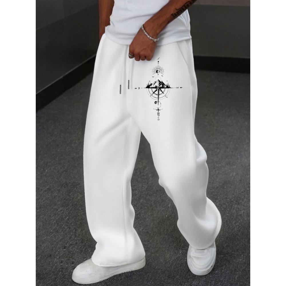 

Men s Urban Black Sweatpants, Wide Leg with White Tribal Flame Abstract Prints Drawstring Loose Fit Streetwear Essential XXL