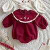 Baby Christmas Lace Collar Romper, Fleece-Lined Plush Crawling Suit