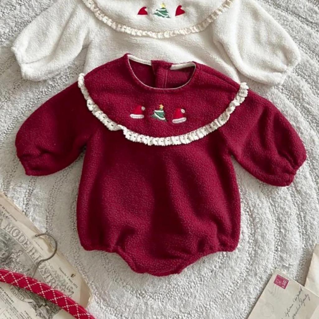 Baby Christmas Lace Collar Romper, Fleece-Lined Plush Crawling Suit