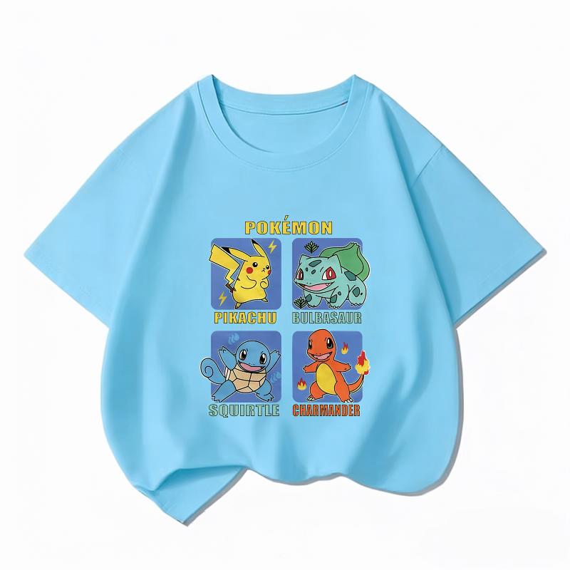 Potdemiel Kids Cotton Tshirt Cute Pikachu Cartoon Print Summer Short Sleeve Boys Girls Casual Crew Neck Tops