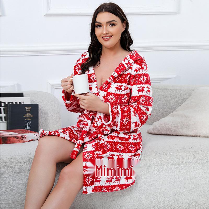 Puszysty Szlafrok Flanelowy Świąteczny Renifer Plus Size - Przytulny i Gruby