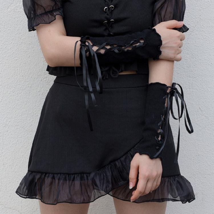 Gothic Frilly Fingerless Gloves Lace-Up Ribbon Ribbed Knit Arm Warmers for Women