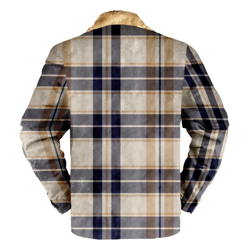 Men's Plaid Print Fleece Thickened Coat Jacket Men's Casual Fashion Warm Coat