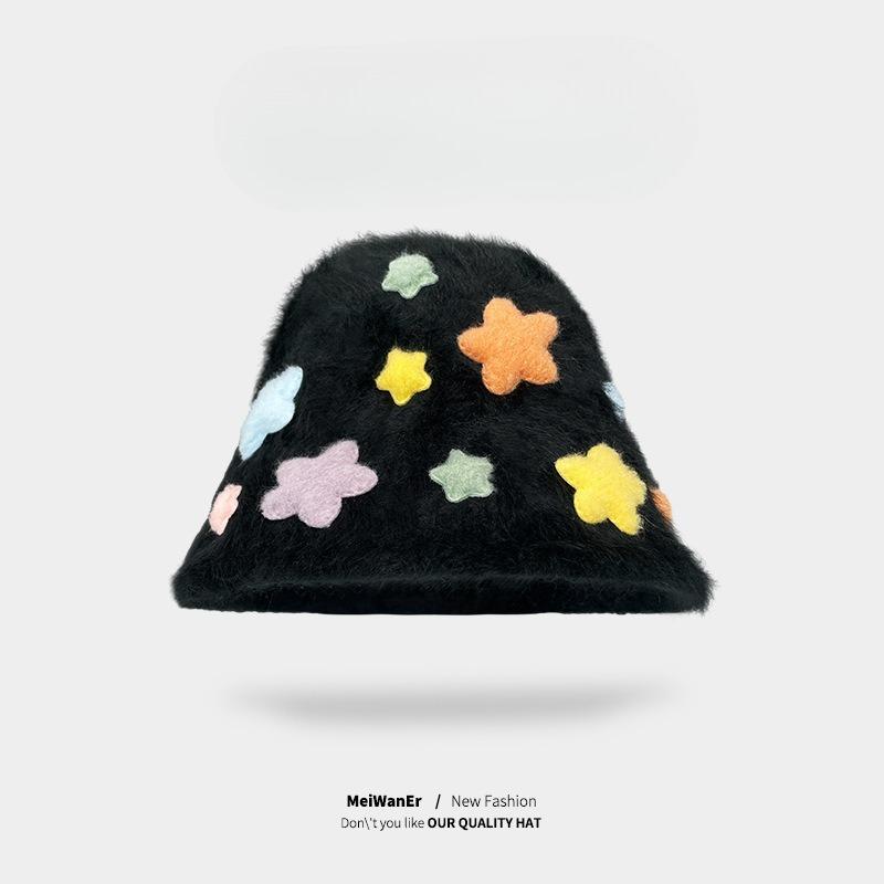 

Rabbit Fur Plush Fisherman Hat for Women Fashionable Autumn and Winter Versatile Sweet and Cute Star Basin Hat Warm Bucket Hat 54-58cm