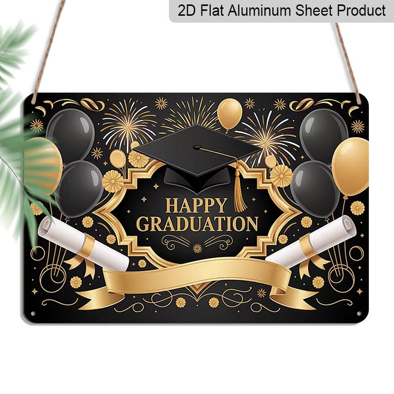 

2D Flat, 1pc Happy Graduation Black & Gold Plaque, 12”*8 - Graduation Decor Sign with Cap & Diploma, Black & Gold - Aluminium Wall Hanging 20*30cm