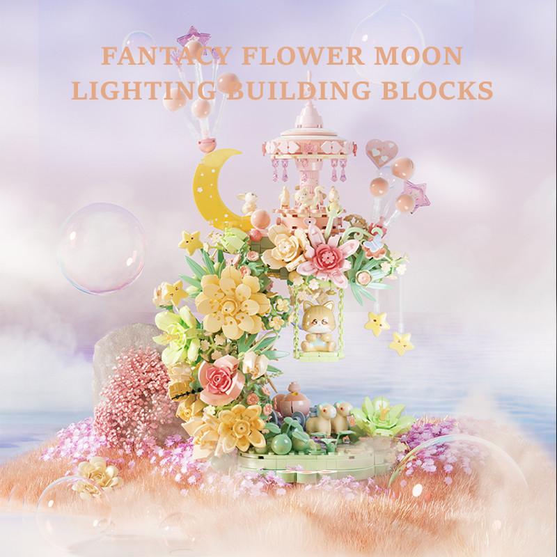 Non-Toxic 1300Pcs Dream Flowers Moon Music Box With Lighting Building Blocks Moc Cat Model Bricks Home Decoration Children Toys Holiday Gifts