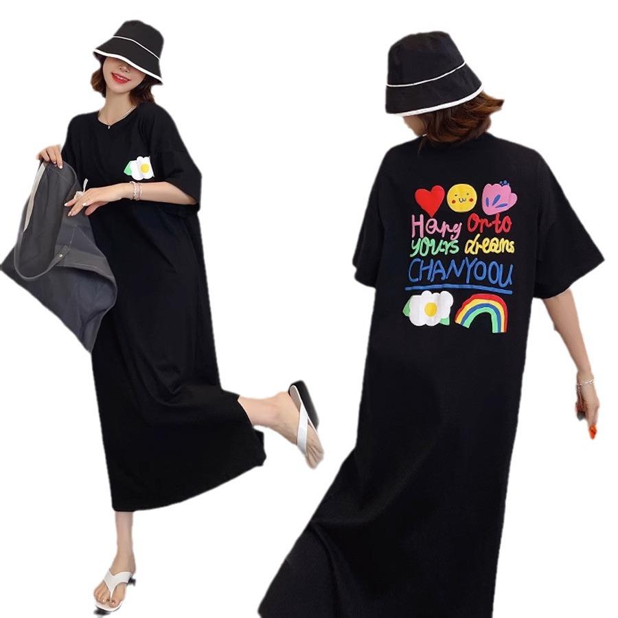 Summer Ins New Korean Version Fashion Lazy Style T-shirt Women's Rainbow Printing Long Knee Loose Large Size Dress