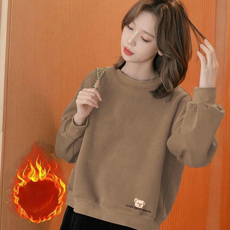 

Plus Velvet Thick Cotton Short Sweater Women s Fashion Winter Round Neck Loose Pullover XS кавовий
