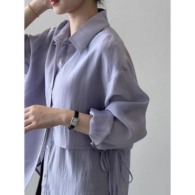 Camisa feminina de duas peças falsas, coleção primavera/verão, blusa de manga comprida com gola e modelagem solta.