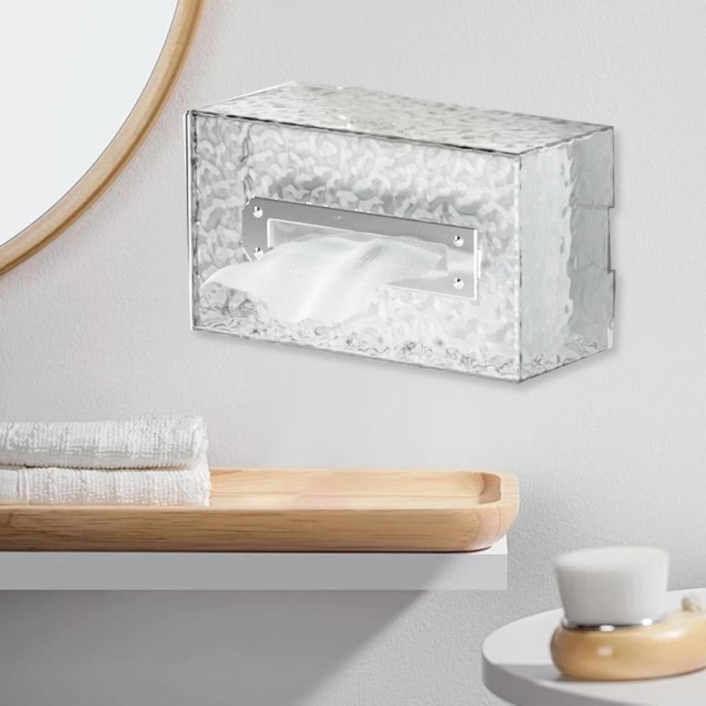 Tissue Box, Wall Mounted Tissue Box Cover Clear Plastic Napkin Holder Rectangular Facial Tissue Dispenser for Bathroom(Silver)