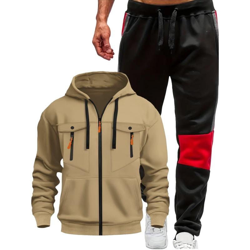 Men's Multi-Pocket Long Sleeve Zip Casual Hoodie Set