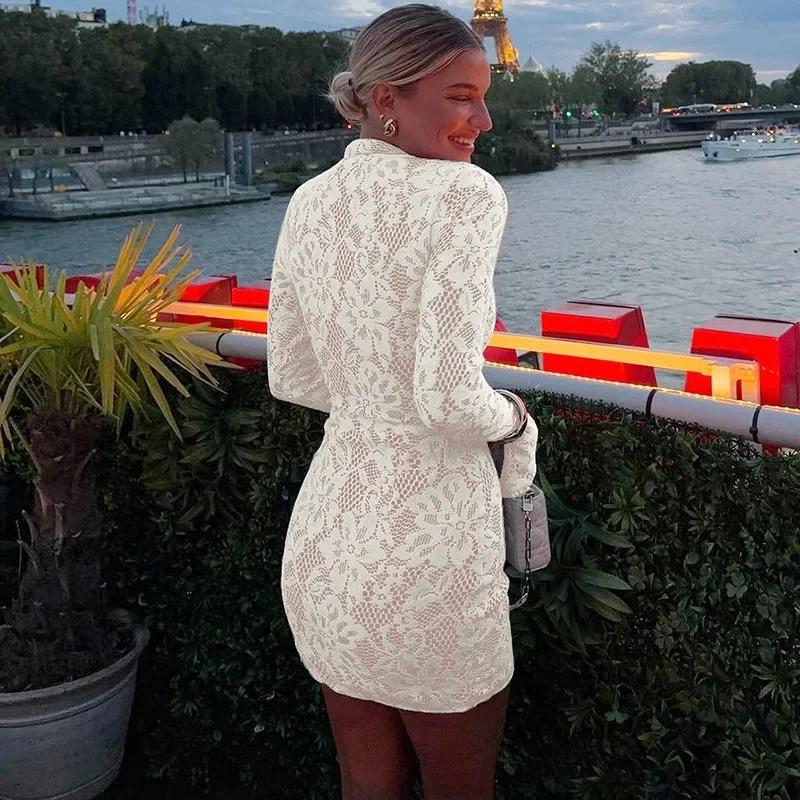Robe de Cocktail à Manches Longues Ajourée pour Femmes Hiver Col Montant Robes de Soirée Club Dentelle Robes Élégantes