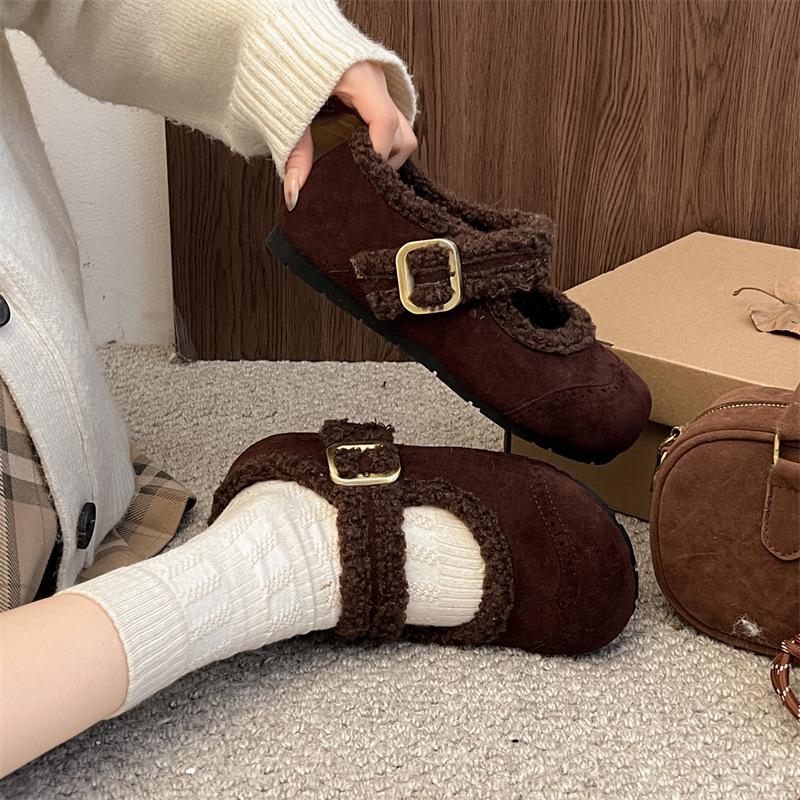 Vintage Grey Women Fur Lining Mary Jane Shoes Concise Internal Elevation Shoes Ladies Comfort Warm Short Plush Snow Shoes