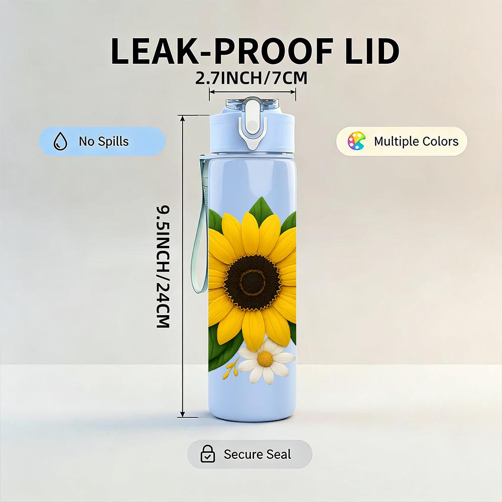 1PC Bright Sunflower Bloom 750ml Color Plastic Sports Water Bottle Leakproof Flip Straw Lid For Sports Office Home Use