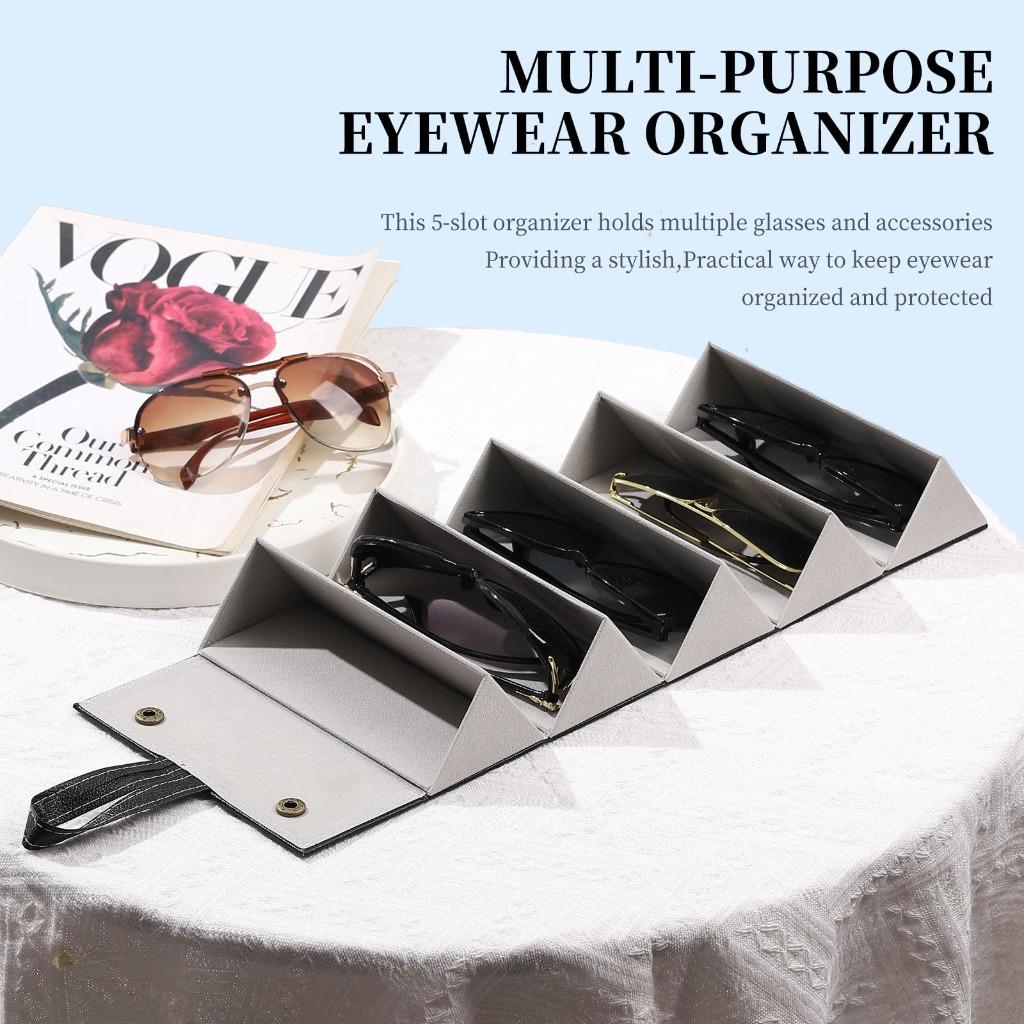 Multi-slot Foldable Sunglass Case, 5 Slots Portable PU Leather Eyewear Organizer, Hanging Travel Glasses Storage Holder Box