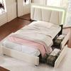 Upholstered Bed with LED Lighting and 2 Drawers, Height-Adjustable Headboard, Single Bed 90x200cm, Wooden Slatted Frame, Beige (With Mattress)