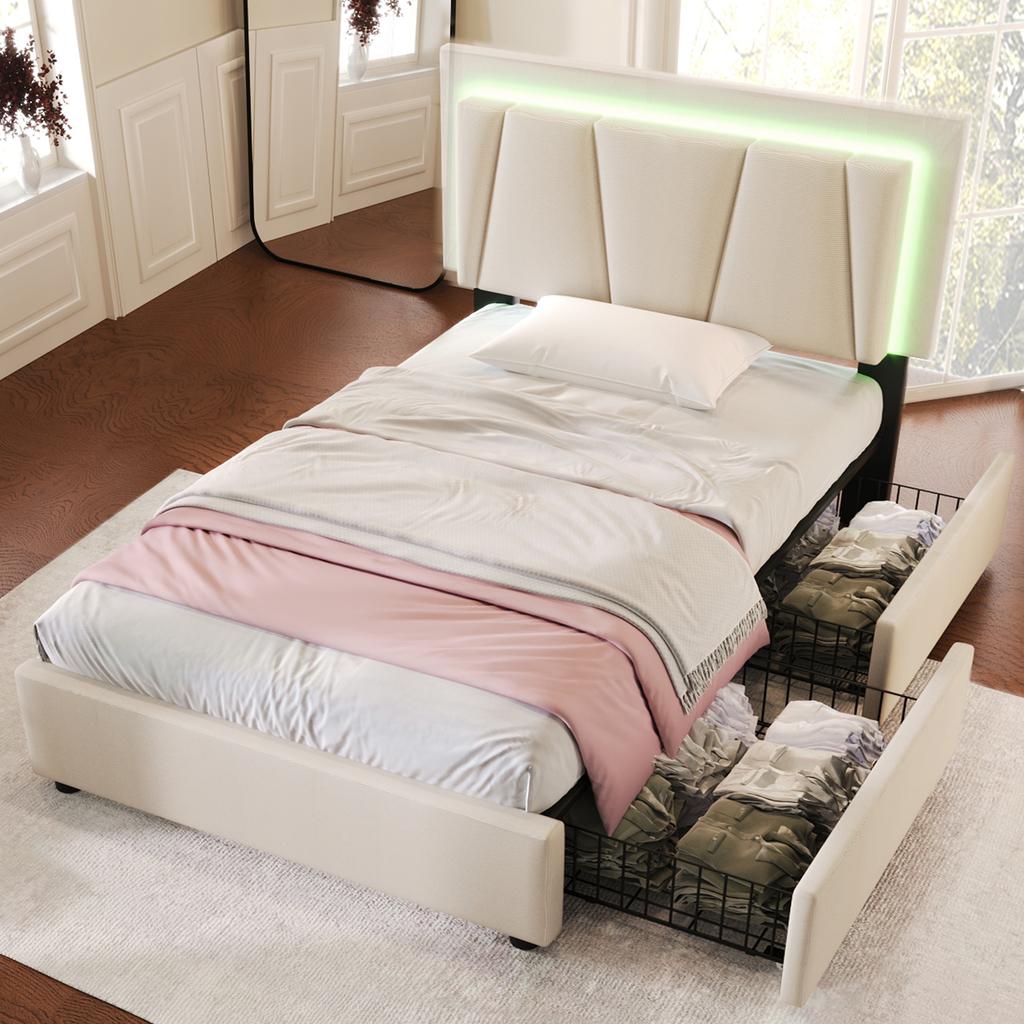 Upholstered Bed with LED Lighting and 2 Drawers, Height-Adjustable Headboard, Single Bed 90x200cm, Wooden Slatted Frame, Beige (With Mattress)