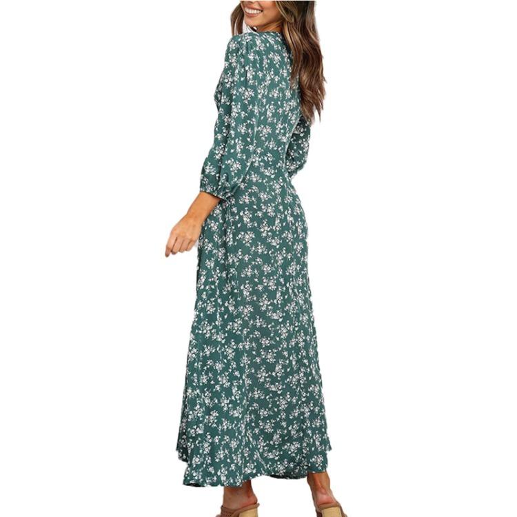 Böhmisches Blumen-Maxikleid Eleganter Stil Langärmlig Hohe Taille Locker Lässig Strandkleid für Damen Böhmisch Bedruckt