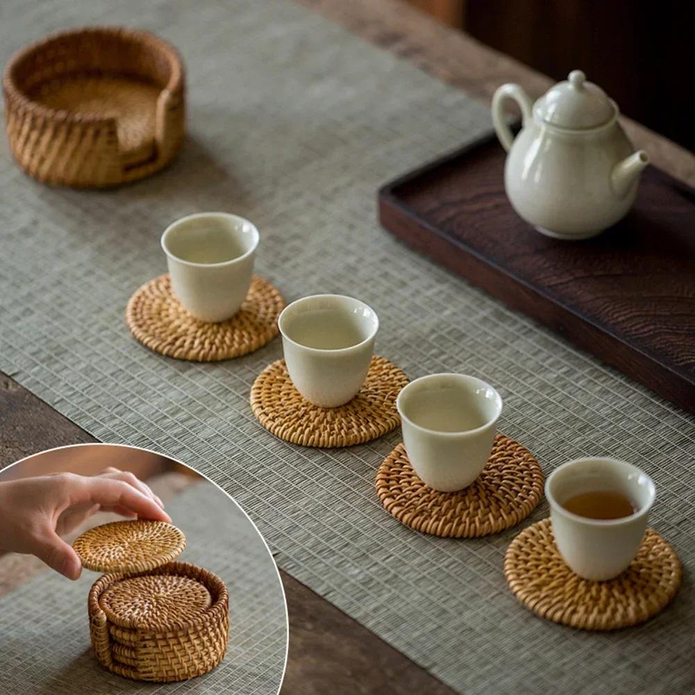 6 Stück Gewebte Rattan-Untersetzer-Set Mit Halter Tischmatte Platzdeckchen Kaffee Tee Tasse Untersetzer Topf Schüssel Matte Glasboden Küchenzubehör