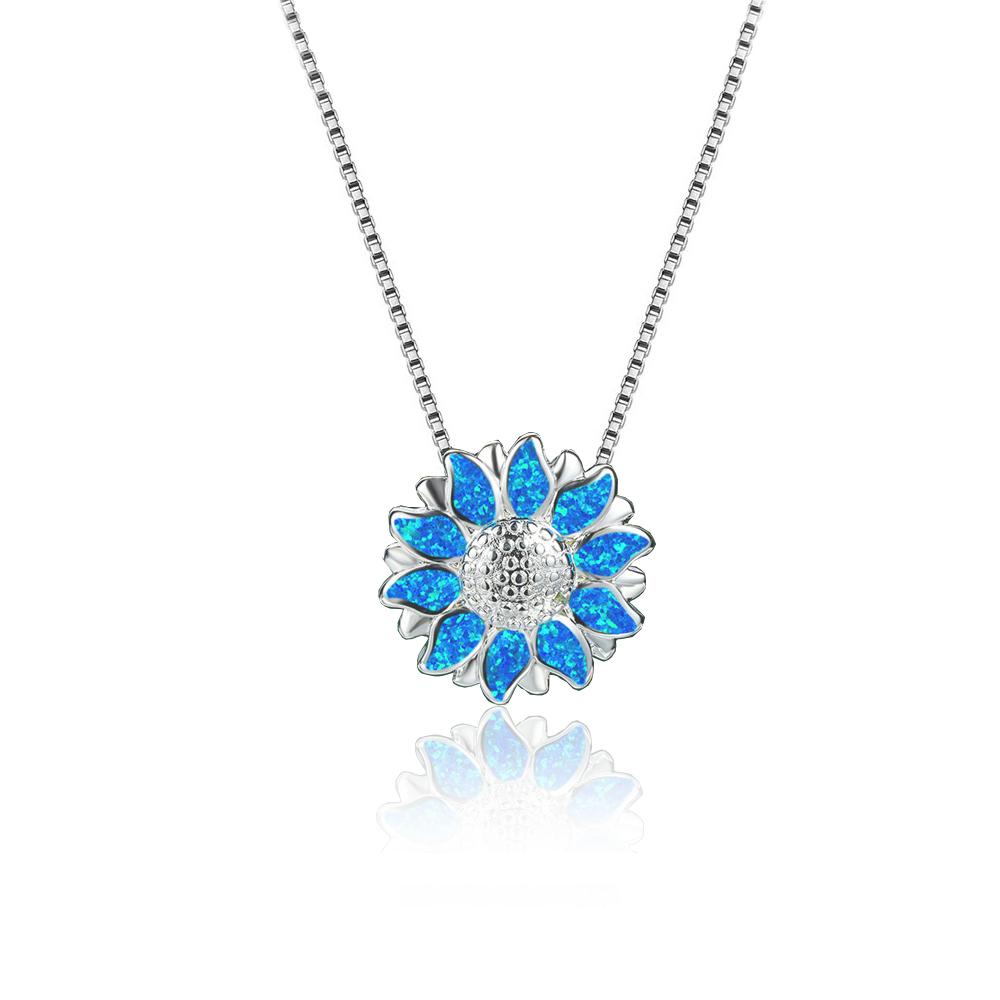 Boho Fashion Flower Pendant Necklace for Women Girl Charm Blue Imitation Opal Necklace Trendy Wedding Party Jewelry