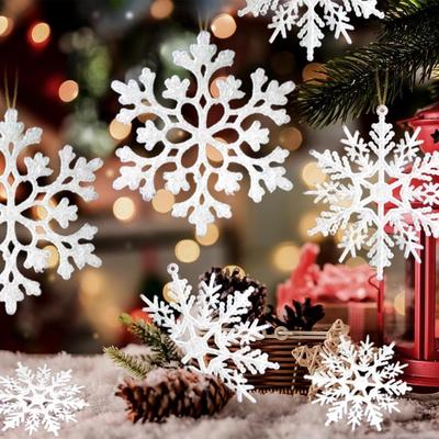 12 Stück/Set Weißer Glitzer Schneeflocken Dekor Weihnachtsdekoration Zuhause Weihnachtsbaum Hängend für Winterwunderland Fenster Tür Zubehör
