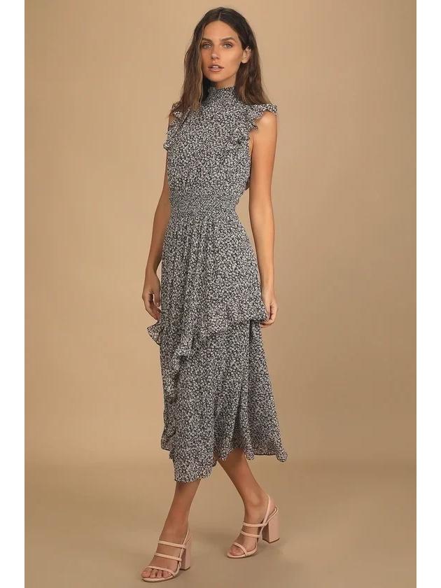 2023 Retro Floral Print Sleeveless Ruffle Dress for Women