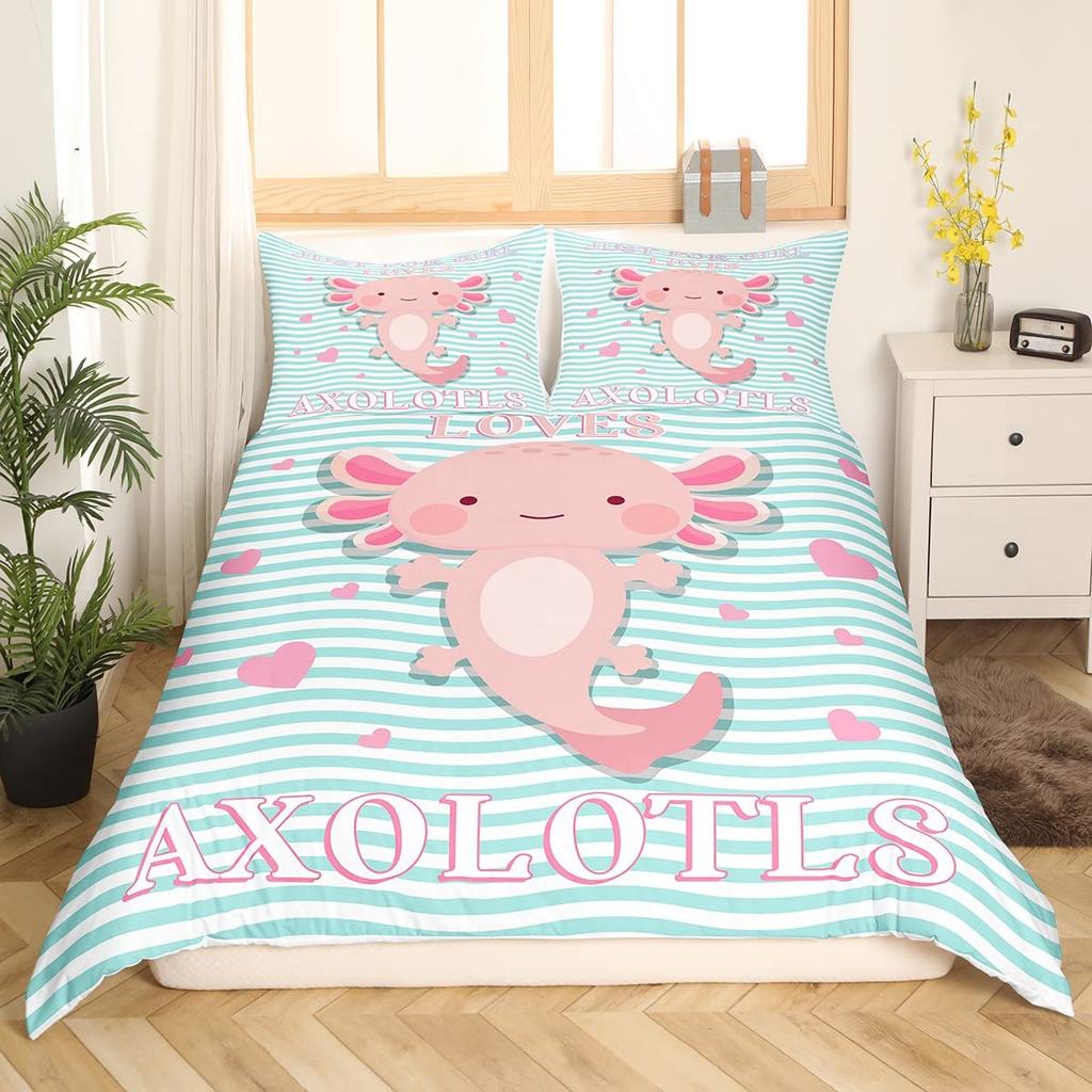 Cute Axolotl Duvet Cover Set Full Size Cartoon Salamander Bedding Set Kawaii Animals Comforter Cover Constellation Black Decor