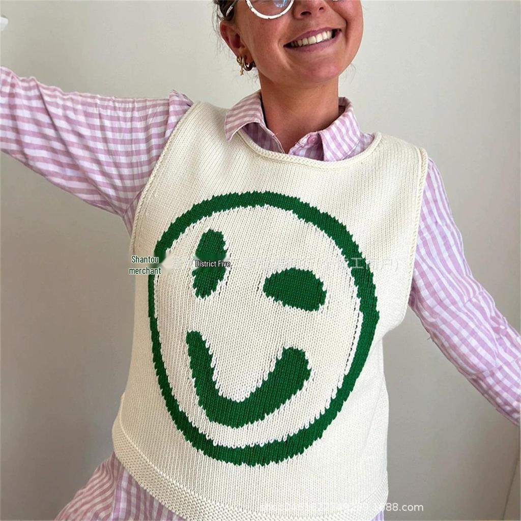 2026 Summer Loose Knit Sleeveless Smiley Face Vest for Women - 6 Colors