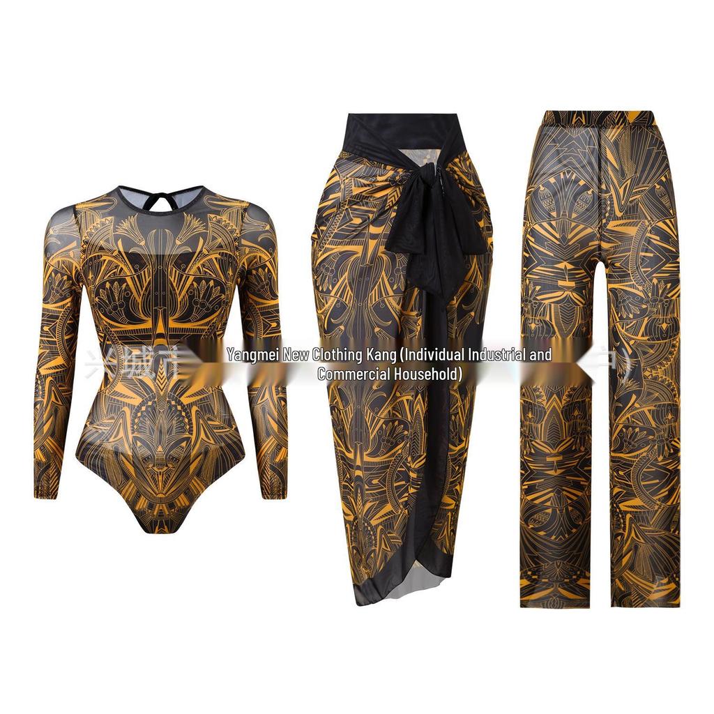 Women's Three-Piece Sun Protection Swimsuit Set with Mesh Pants