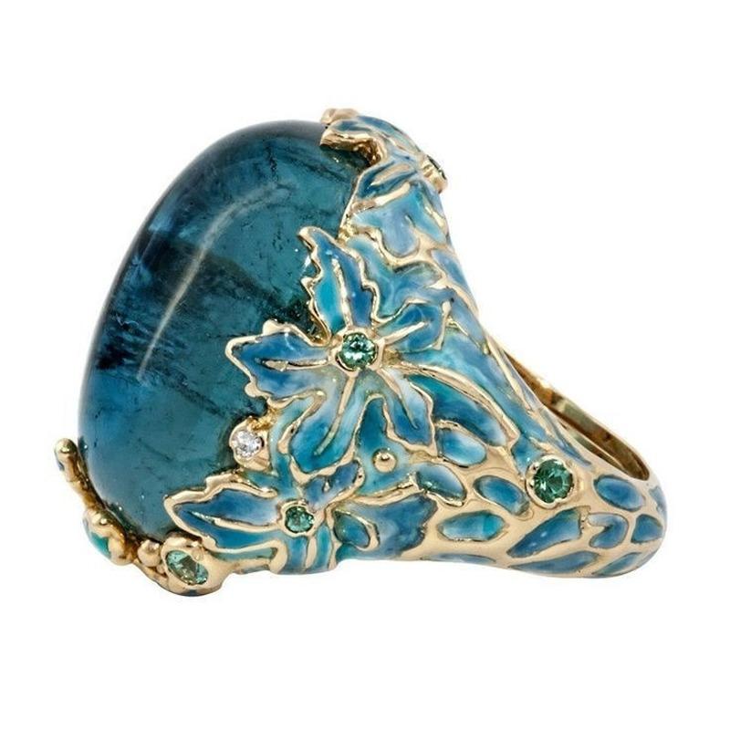 Elegante Frauen Mode Gold Farbe Carving Emaille Blume Ringe für Frauen Kreativität Intarsien Blauen Stein Verlobungsring Schmuck