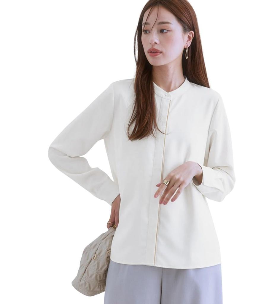 Stretch Powder Satin Blouse Machine UV Available in Plus x Size S [Nissen] Shirt/Blouse Color-Block (Wrinkle-Resistant, Quick-Drying, Washable,