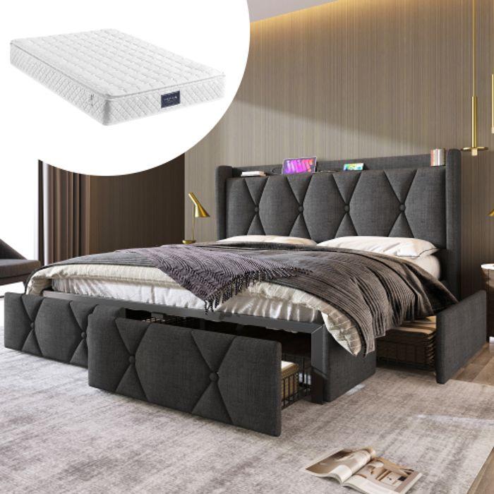 Lit Avec Tête De Lit USB - MUVOE - 160x200 Cm - 4 Tiroirs - Matelas Inclus - Gris