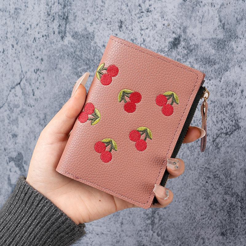 Cute Cherry Embroidered Small Short Wallet Simple Wallet Girls Multi-Cards Holder Coin Zipper Purse for Women